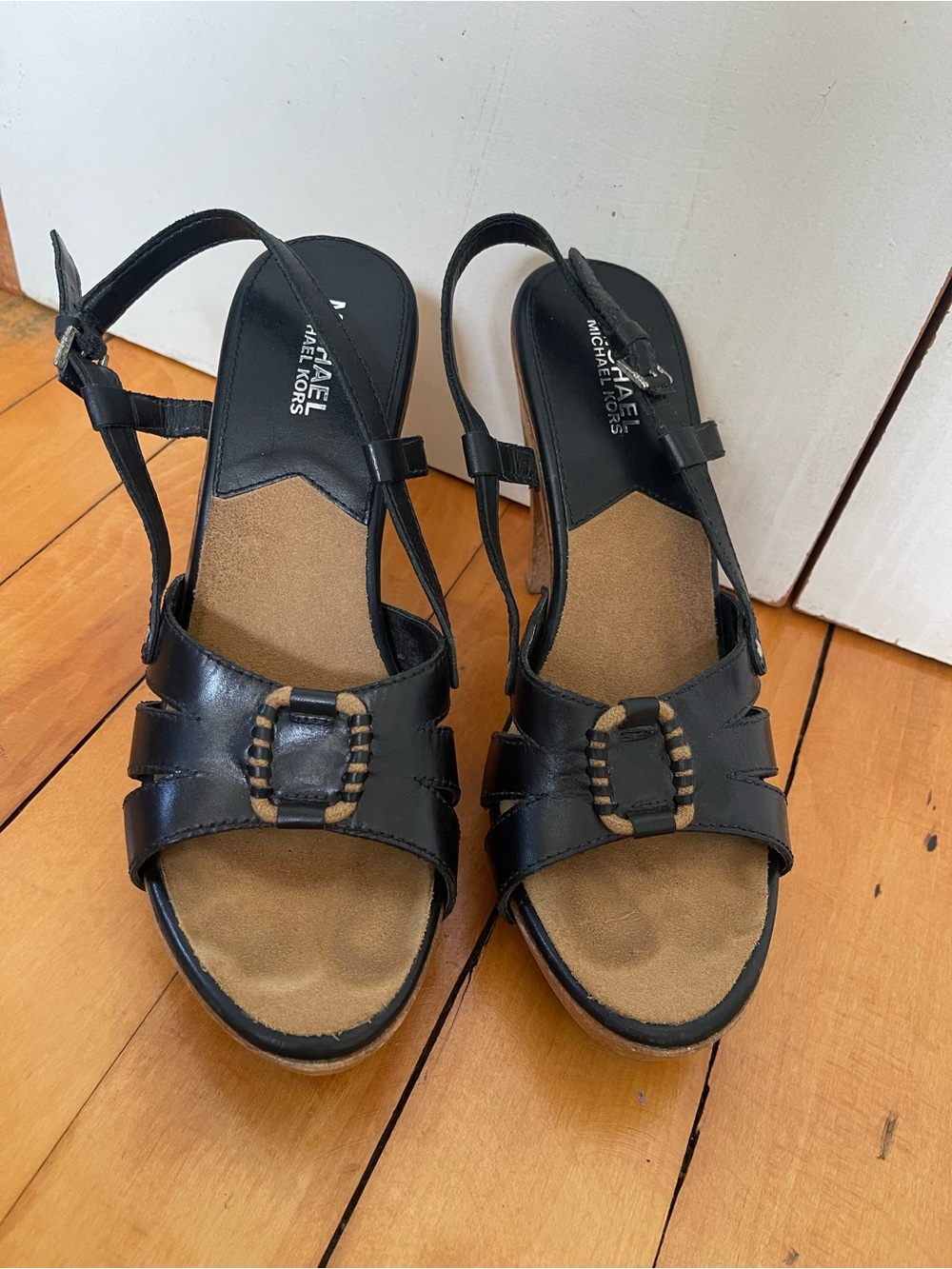 Michael Kors Black Leather Open-Toe Slingback Sandals with Contrast Stitch